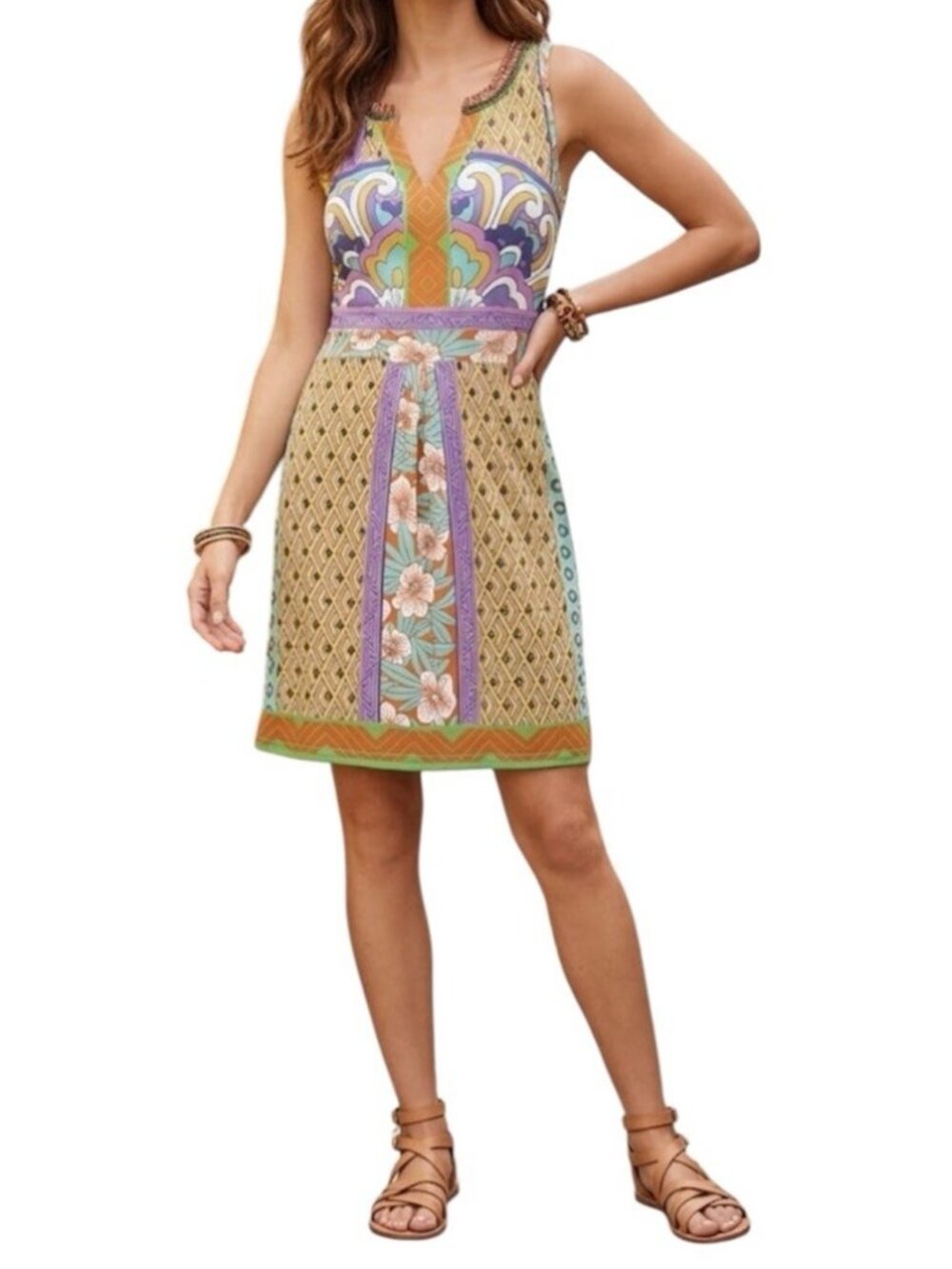 Hale Bob Multicolored Beaded V-Neck Boho Hippie Vacation Wear Dress Small